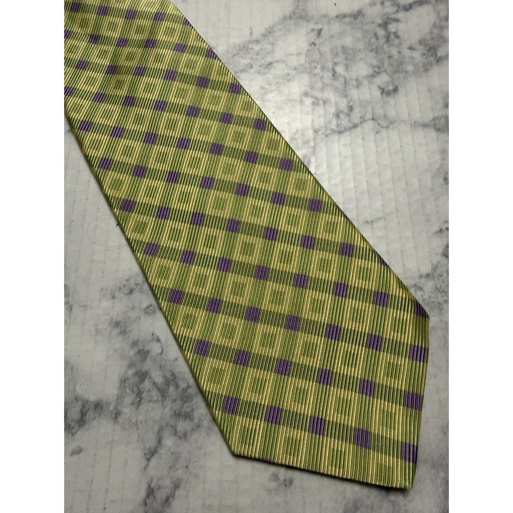 Robert Talbott Best of Class Silk Tie Yellow Green Purple Striped Grid 4 X 58